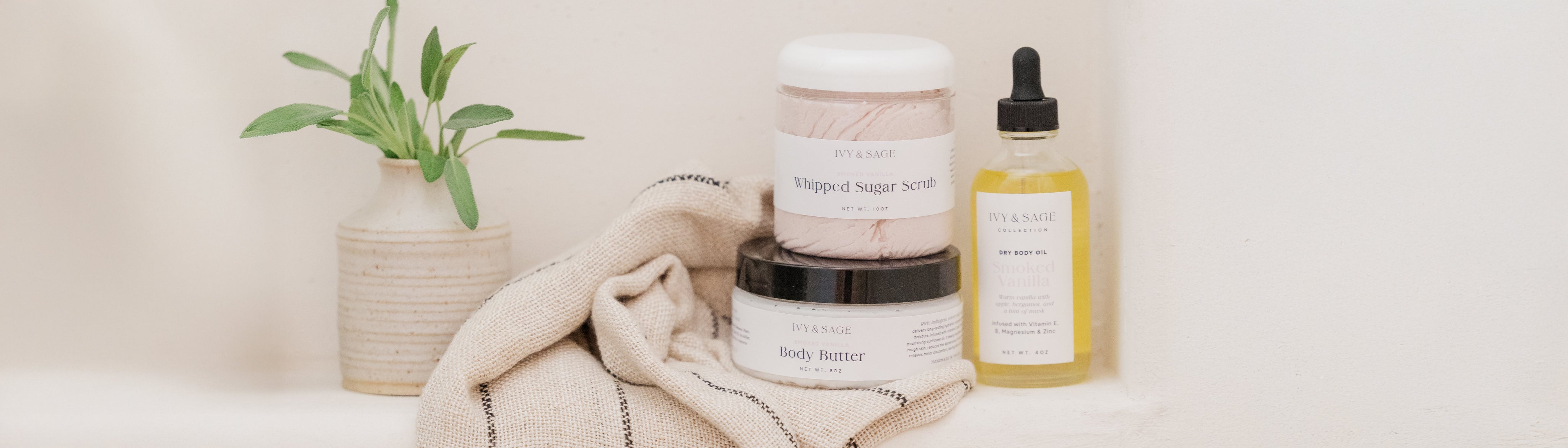 Ivy & Sage giftable self-care set with body butter, sugar scrub, and body oil