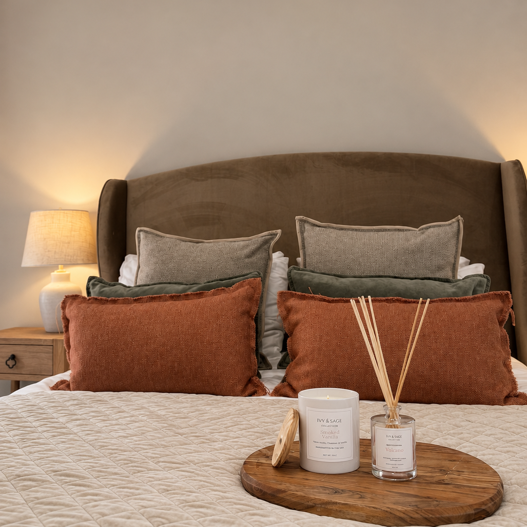 Ivy & Sage White Tea ceramic candle styled with reed diffuser in a warm, cosy bedroom.