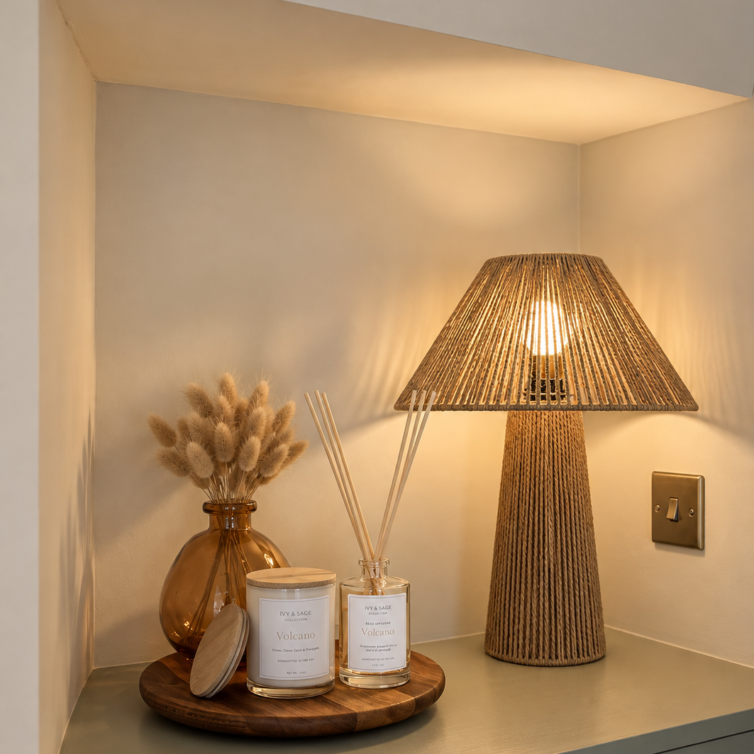 Ivy & Sage Volcano glass candle and reed diffuser styled in a warm, cosy home interior.