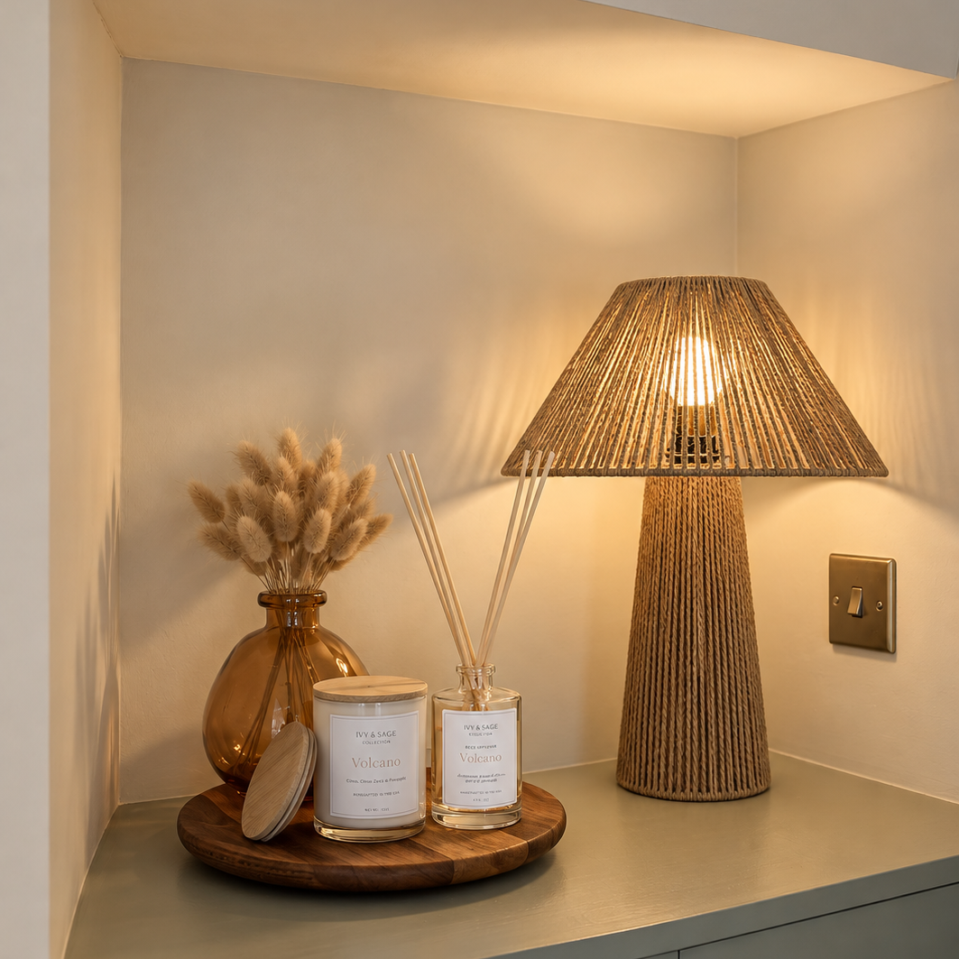 Ivy & Sage Smoked Vanilla glass candle and reed diffuser styled in a warm, cosy home interior.