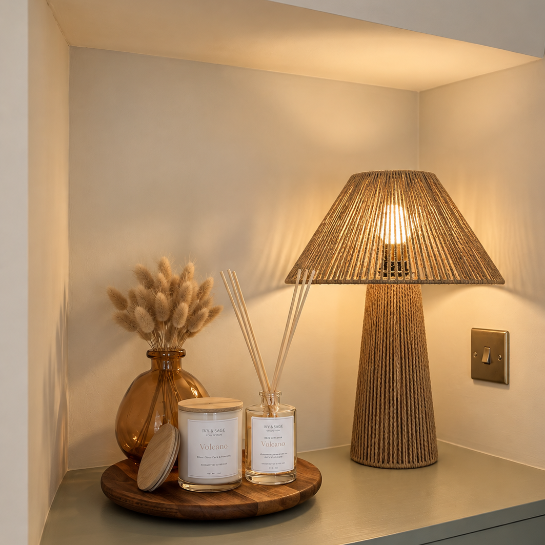 Ivy & Sage  ceramic candle styled with reed diffuser in a warm, cosy home setting.