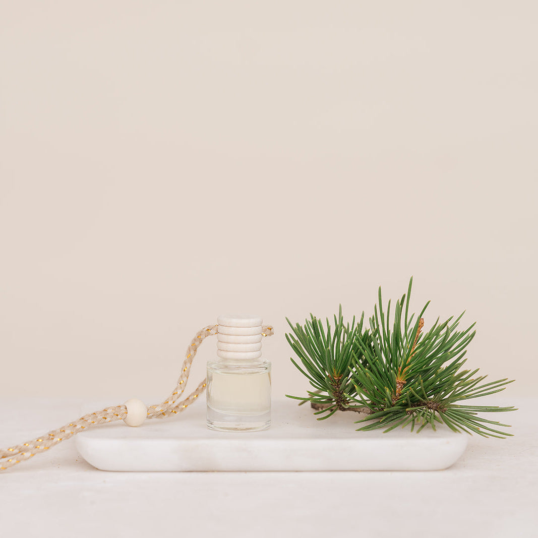 Small glass car diffuser with an adjustable rope and a bundle of pine needles on a white marble slab against a beige background. Car Freshener that smells like Christmas. Christmas scents perfect gift idea. 