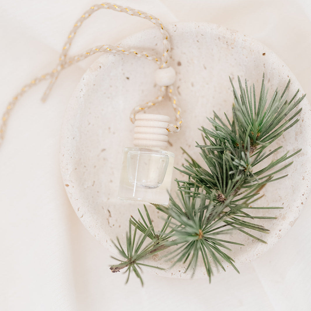 Car Diffuser with greenery on a white background in a marble bowl