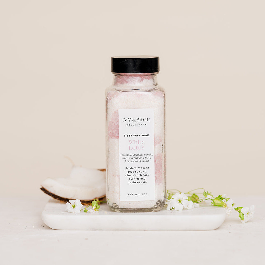 Salt Soak with coconut on white marble slab