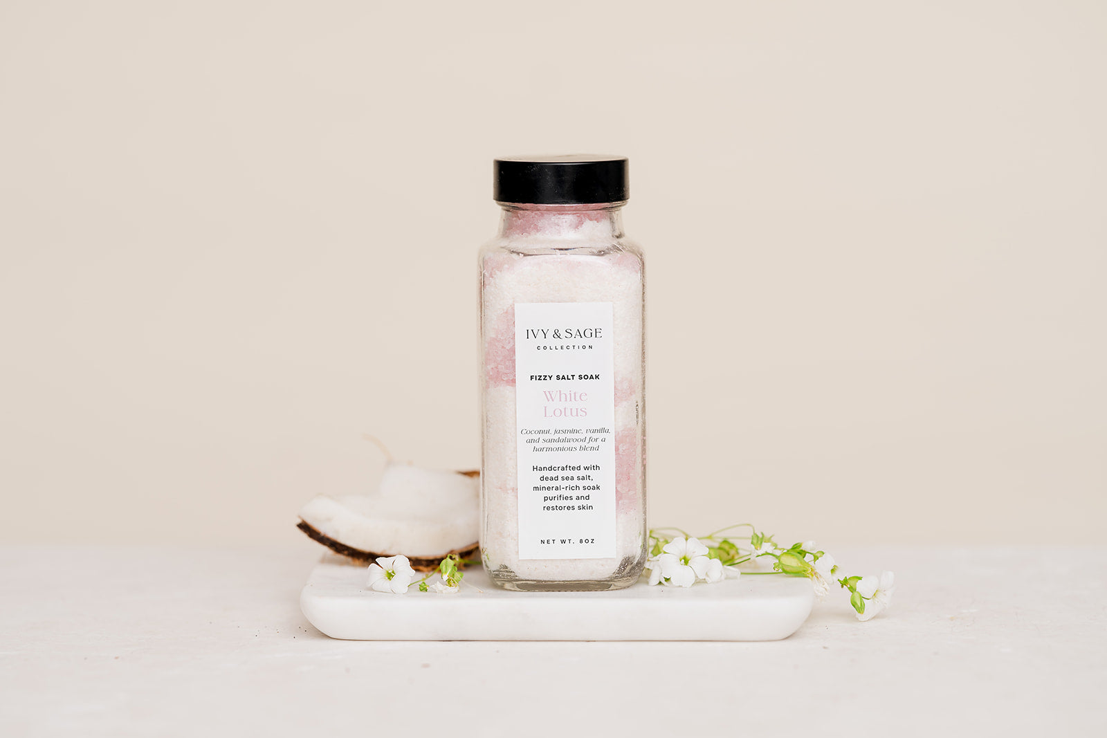 Salt Soak with coconut on white marble slab